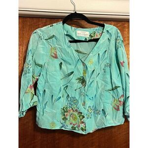 Salon‎ Z Real Clothes Saks Fifth Avenue Floral 3/4 Sleeve Button Blouse Top